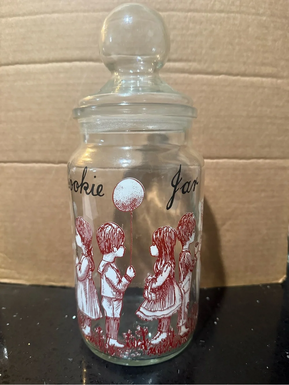 Glass Cookie Jar with Vintage Children Illustration